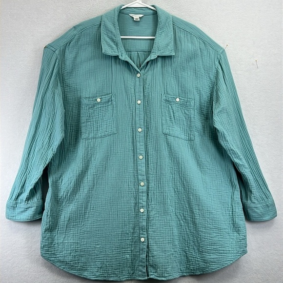 Caslon Tops - Caslon Women’s Button-Front Shirt/Tunic Sz 2X Aqua 100% Cotton Loose & Comfy Fit